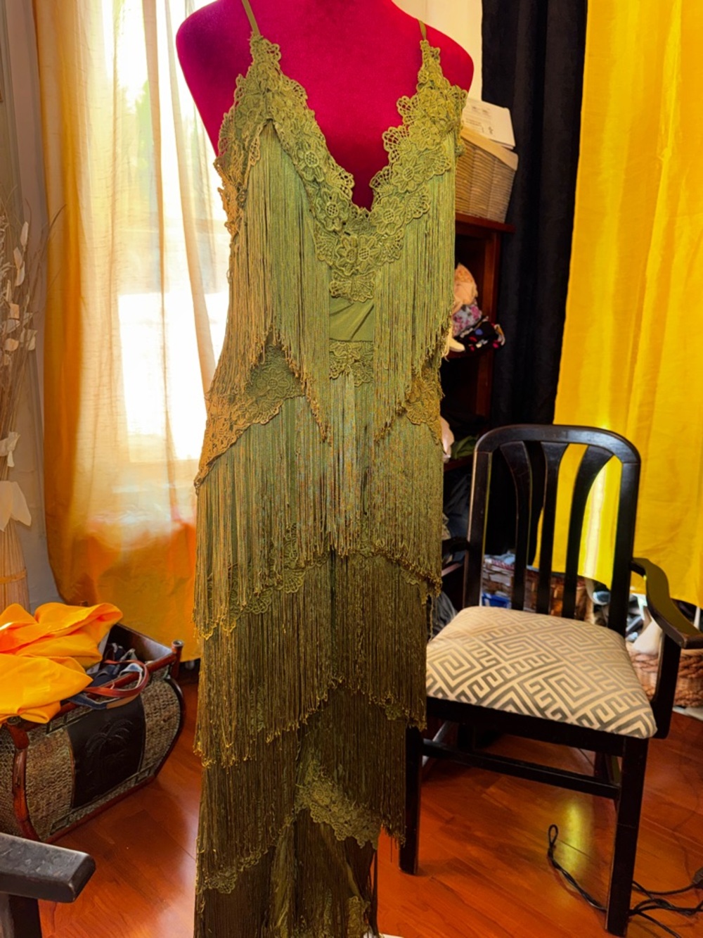 Olive Green Fringe Lace Maxi Dress with Delicate Spaghetti Straps